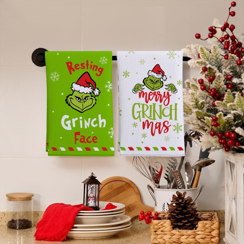 TEMU華夫格廚房毛巾格林奇聖誕節裝飾毛巾印花吸水擦手巾