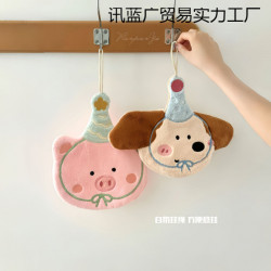 可愛刺綉小狗擦手巾廚房浴室可掛式卡通珊瑚絨小毛巾吸水小方巾