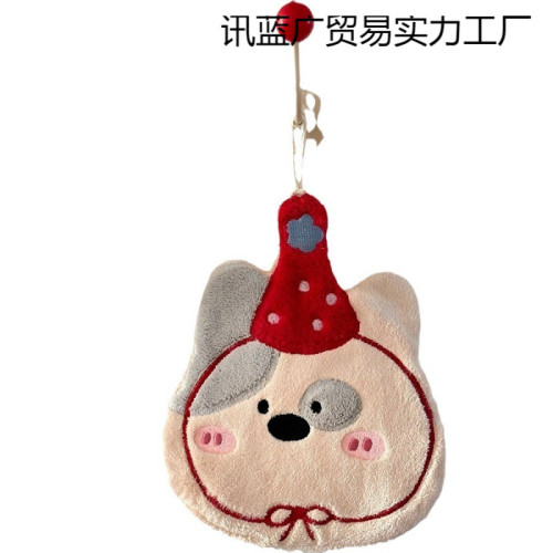 可愛刺綉小狗擦手巾廚房浴室可掛式卡通珊瑚絨小毛巾吸水小方巾