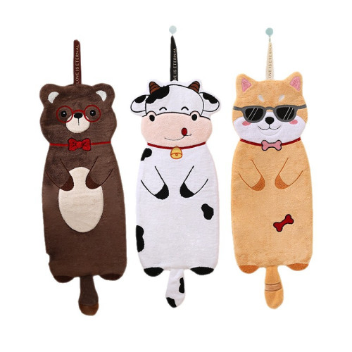 奶牛貓咪擦手巾掛式吸水速乾可愛加厚手帕兒童衛生間大號毛巾定