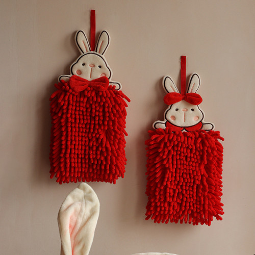 擦手巾掛式可愛兔子吸水不毛紅色結婚洗手間廚房雪尼爾毛巾手帕