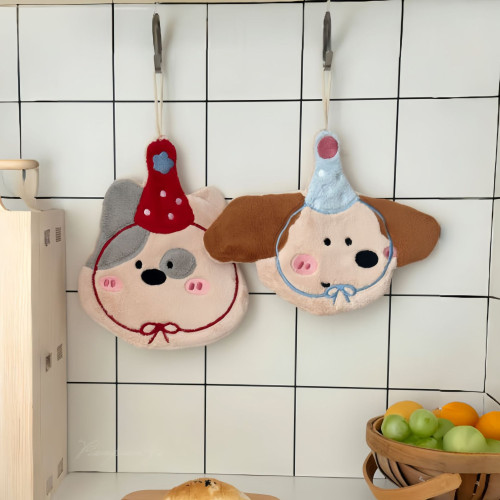 可愛刺綉小狗擦手巾廚房浴室可掛式卡通珊瑚絨小毛巾吸水小方巾