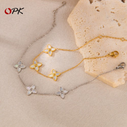 OPK歐美INS風時尚百搭鈦鋼幸運草輕奢高級感白色母貝不鏽鋼手鏈女