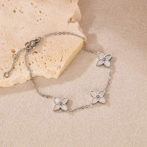 OPK歐美INS風時尚百搭鈦鋼幸運草輕奢高級感白色母貝不鏽鋼手鏈女