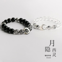 原創情侶手鏈一對黑髮晶黑曜石白水晶手串男女款ins對象生日禮物