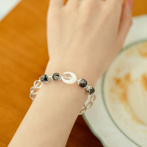 原創情侶手鏈一對黑髮晶黑曜石白水晶手串男女款ins對象生日禮物