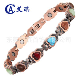 紅銅手鏈文藝復古女士磁性手鏈愛心心形貓眼石磁石手鏈