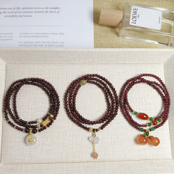 新中式天然酒紅石榴石三圈手鏈輕奢時尚和田玉瑪瑙葫蘆吊墜手飾