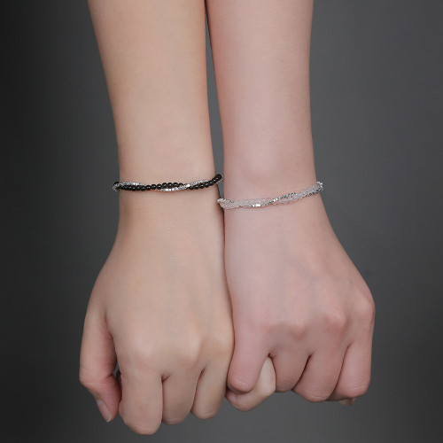 足銀S999小衆設計黑曜石白瑪瑙情侶手鏈精緻簡約百搭輕奢手飾 足銀S999小衆設計黑曜石白瑪瑙情侶手鏈精緻簡約百搭輕奢手飾