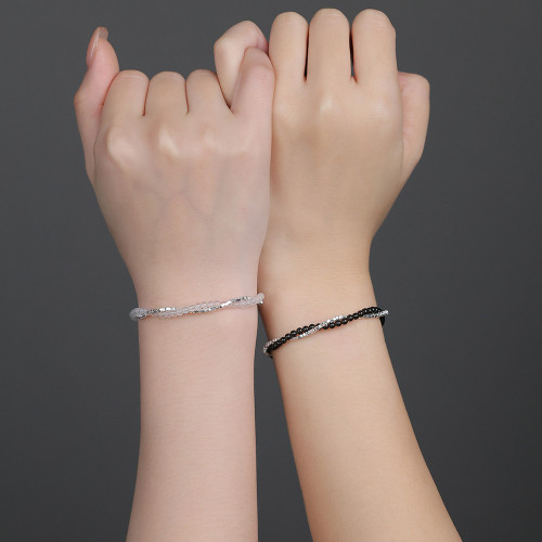足銀S999小衆設計黑曜石白瑪瑙情侶手鏈精緻簡約百搭輕奢手飾 足銀S999小衆設計黑曜石白瑪瑙情侶手鏈精緻簡約百搭輕奢手飾