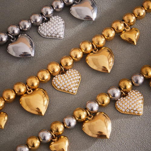 本兮歐美滿鑽愛心串珠手鏈ins風PVD鍍18k金間電愛心彈力手環