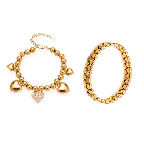 本兮歐美滿鑽愛心串珠手鏈ins風PVD鍍18k金間電愛心彈力手環