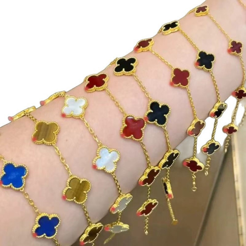 高版本四葉草手鏈鍍18KV金材質五花雙面天然白貝母紅玉髓情侶手鏈