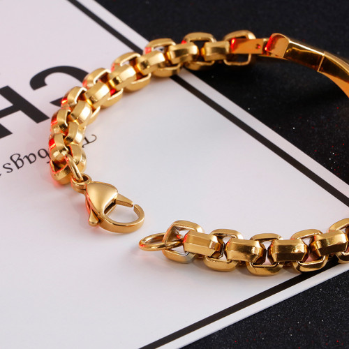 創意潮流十字手環 嘻哈復古風方珍珠鍊拼接十字架彎牌鈦鋼男手鏈