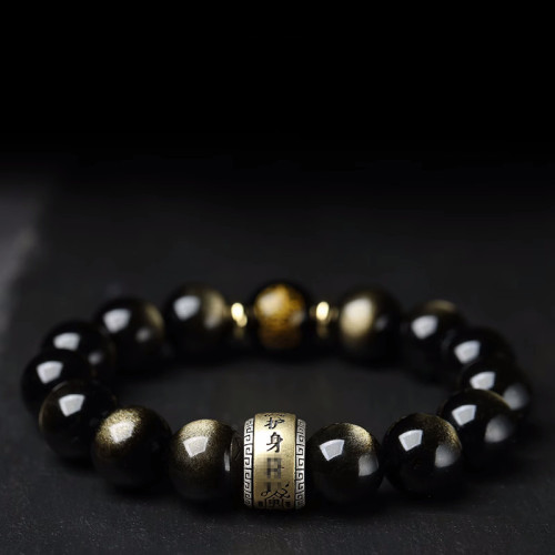 天然黑曜石本命彿手鏈男女款十二生肖彿珠本命年創意金曜石手串