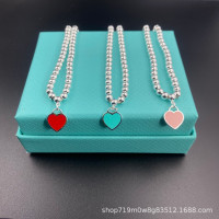 T家經典S925心形琺瑯4mm珠子愛心雙層鏈藍紅粉吊墜圓珠女生手鏈
