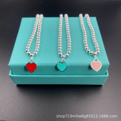 T家經典S925心形琺瑯4mm珠子愛心雙層鏈藍紅粉吊墜圓珠女生手鏈
