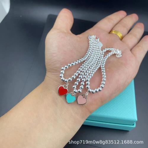 T家經典S925心形琺瑯4mm珠子愛心雙層鏈藍紅粉吊墜圓珠女生手鏈