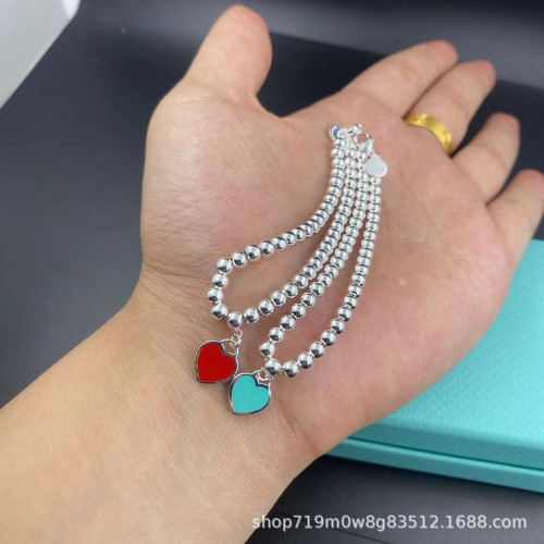 T家經典S925心形琺瑯4mm珠子愛心雙層鏈藍紅粉吊墜圓珠女生手鏈