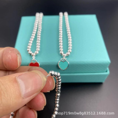 T家經典S925心形琺瑯4mm珠子愛心雙層鏈藍紅粉吊墜圓珠女生手鏈