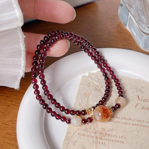 天然石榴石手串女多圈紫晶南紅瑪瑙黃塔晶淡水珍珠手鏈簡約手飾