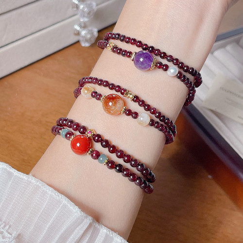 天然石榴石手串女多圈紫晶南紅瑪瑙黃塔晶淡水珍珠手鏈簡約手飾