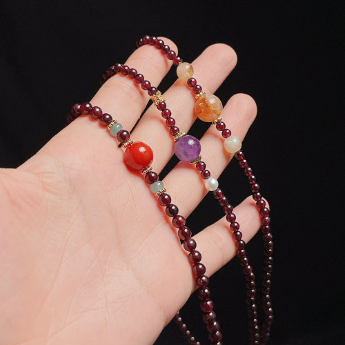 天然石榴石手串女多圈紫晶南紅瑪瑙黃塔晶淡水珍珠手鏈簡約手飾