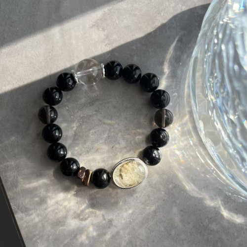 【迷霧森林】天然綠幽靈鑲嵌盒子黑曜石手串冰曜石白水晶簡約時尚