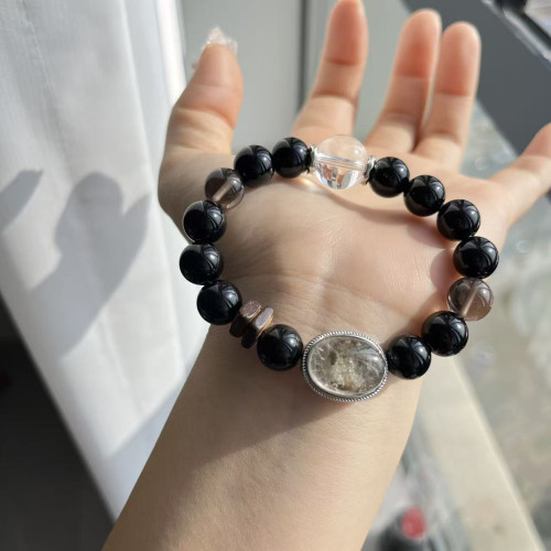 【迷霧森林】天然綠幽靈鑲嵌盒子黑曜石手串冰曜石白水晶簡約時尚