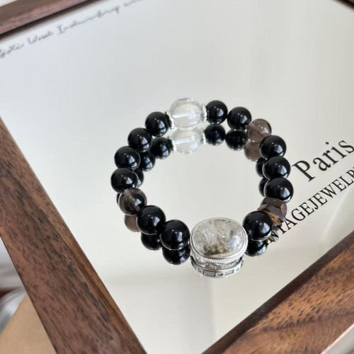 【迷霧森林】天然綠幽靈鑲嵌盒子黑曜石手串冰曜石白水晶簡約時尚