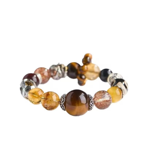 風禾珠寶錢途無量藏式三眼珠超七金髮晶金銀山水晶手串鏈女虎眼石