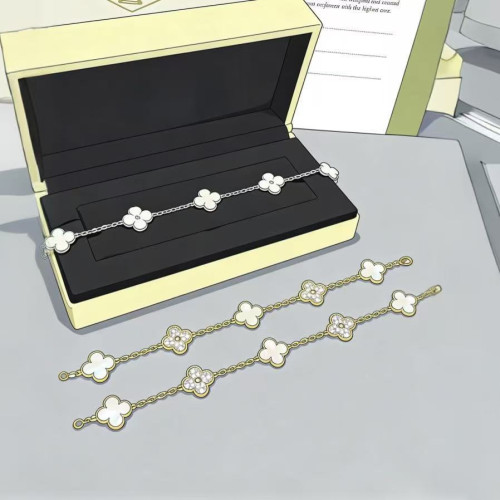 高版本V金CNC四葉草五花手鏈黑瑪瑙白貝母鐳射瘦花型玫瑰金輕奢風