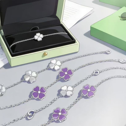 高版本V金CNC四葉草五花手鏈黑瑪瑙白貝母鐳射瘦花型玫瑰金輕奢風