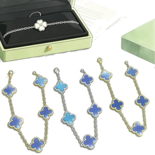 高版本V金CNC四葉草五花手鏈黑瑪瑙白貝母鐳射瘦花型玫瑰金輕奢風