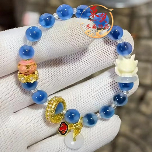 藍糖心瑪瑙九尾狐轉運珠跑環多巴胺女手鏈香灰瓷琉璃金箔半糖手串