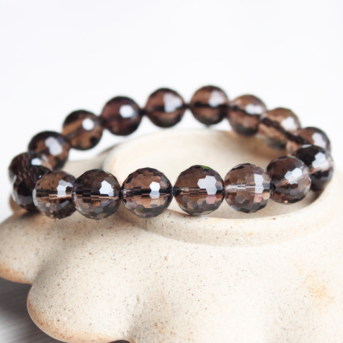 7A級天然茶水晶手鏈茶晶128面切面手串東海菸晶切面手串