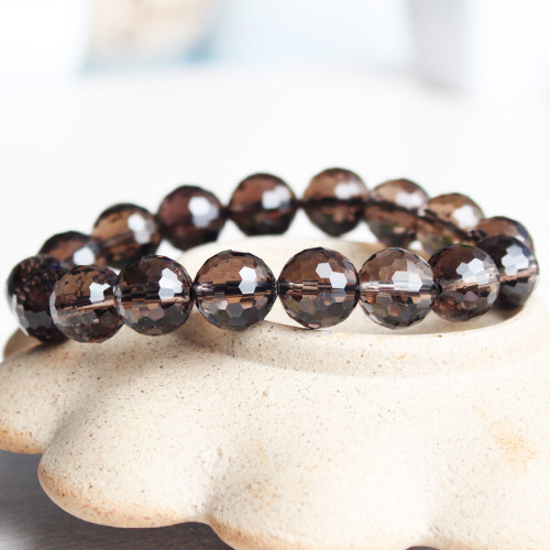 7A級天然茶水晶手鏈茶晶128面切面手串東海菸晶切面手串