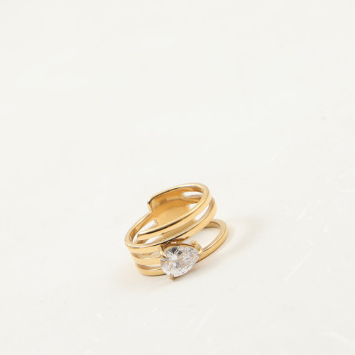 多線條 鑲嵌 水滴鋯石 戒指 鈦鋼電鍍18k金