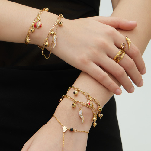 不鏽鋼空心愛心鈴鐺鑲鑽辣椒滴油崑蟲多吊墜手鏈輕奢百搭曡戴手飾