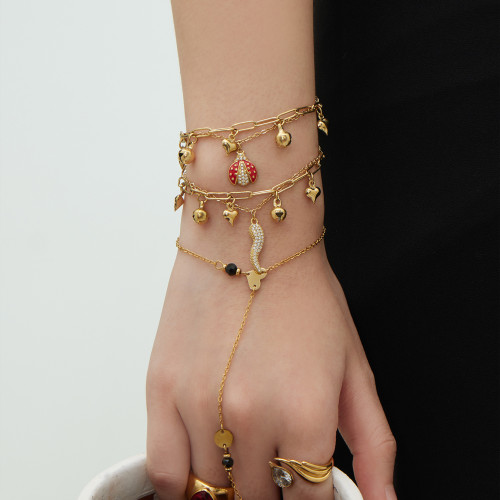 不鏽鋼空心愛心鈴鐺鑲鑽辣椒滴油崑蟲多吊墜手鏈輕奢百搭曡戴手飾