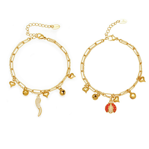 不鏽鋼空心愛心鈴鐺鑲鑽辣椒滴油崑蟲多吊墜手鏈輕奢百搭曡戴手飾