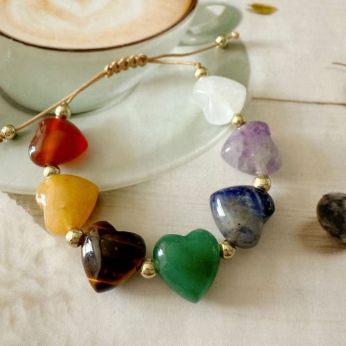 小衆新款七彩天然石復古簡約愛心可調節串珠天然串珠飾 小衆新款七彩天然石復古簡約愛心可調節串珠天然串珠飾