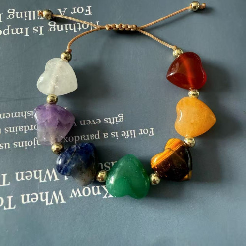 小衆新款七彩天然石復古簡約愛心可調節串珠天然串珠飾 小衆新款七彩天然石復古簡約愛心可調節串珠天然串珠飾