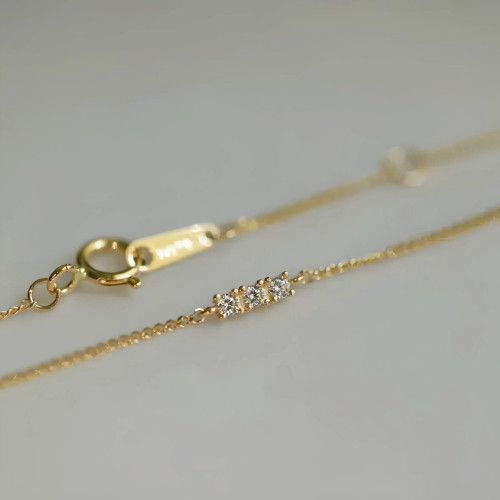 S925純銀鍍14K金一字三鑽手鏈女 日系小心機極細百搭小衆設計手飾