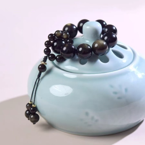 黑曜石手撚女男黑耀石指尖文玩民族風手鏈串繞指柔吊墜金曜石手持