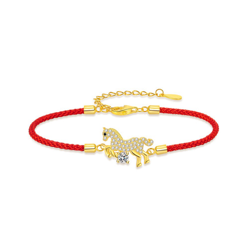 卡萊妮s925純銀原創奮馬敭蹄紅繩手鏈本命年紅繩手鏈馬年手繩手鏈