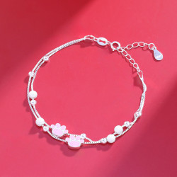 S925純銀粉萌貓爪手鏈女時尚簡約甜美百搭磨砂珠森系可愛手飾