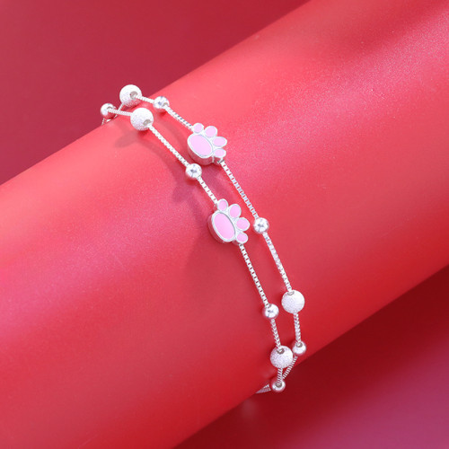 S925純銀粉萌貓爪手鏈女時尚簡約甜美百搭磨砂珠森系可愛手飾