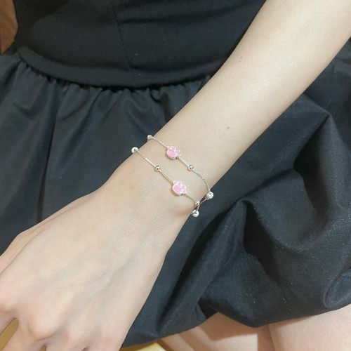 S925純銀粉萌貓爪手鏈女時尚簡約甜美百搭磨砂珠森系可愛手飾