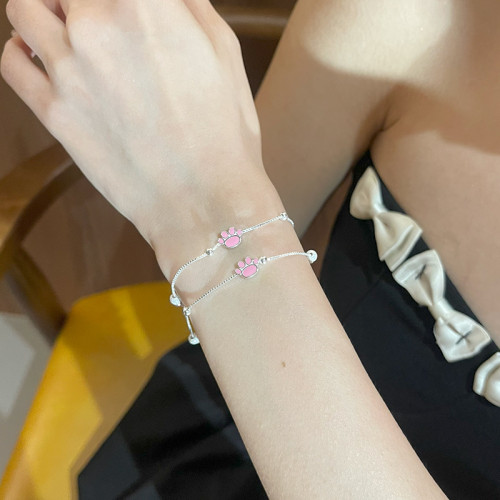 S925純銀粉萌貓爪手鏈女時尚簡約甜美百搭磨砂珠森系可愛手飾